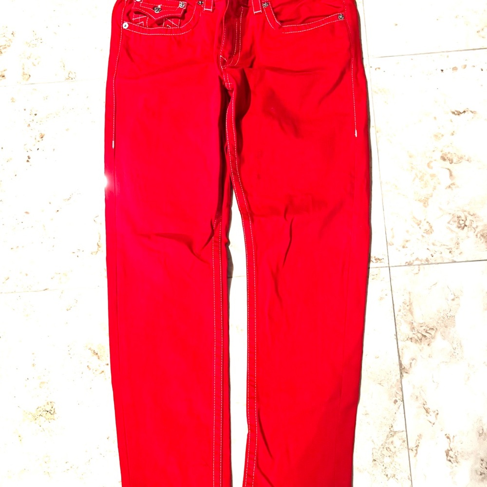 Vibrant Red Jeans with Button Detail